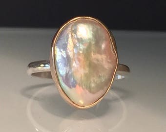 Raw Organic Pearl Ring/Iridescent Pearl Ring/One of a Kind Ring/Free US Ship