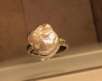 Modern Pearl Ring/Upcycled Handmade Biwa Pearl Sterling Silver Ring./ White Pearl Ring./Free Shipping in the US.