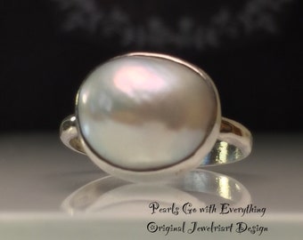 Weißer Perlenring / Handgefertigte Perle und Sterling Silber Statement Ring./ Junis Geburtsstein / Kostenloser Versand in den USA.