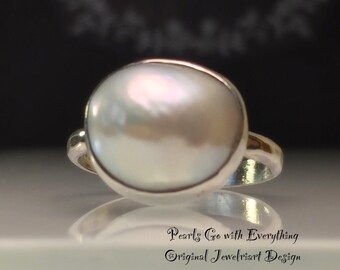 Perlenring / Handgemachte Perle und Sterling Silber Statement Ring./ Junis Geburtsstein / Kostenloser Versand in den USA.