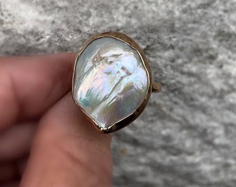 Large Pearl Ring, White Pearl Ring, Freeform Pearl Ring, Unique Ring, Free US Shipping.