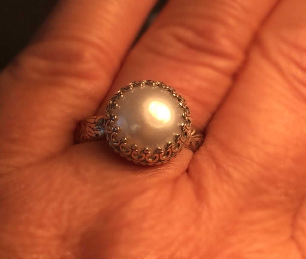 Round Pearl Ring/Pearl Crown Ring/white Pearl Ring/Handmade Pearl and Sterling Silver Ring./June's Birthstone/ Free Shipping in the US.