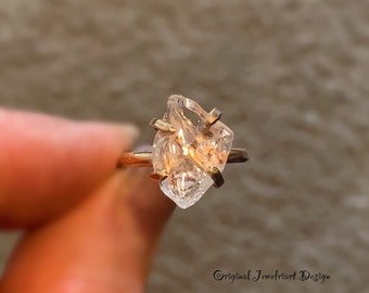 Raw 14k Gold Herkimer Diamond Ring/Gorgeous Rough Uncut Herkimer Diamond Ring/Healing Crystal Ring/Free US Shipping.