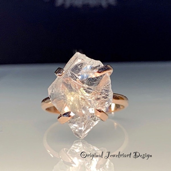 Raw Rose Gold Herkimer Diamond Ring/Gorgeous Rough Uncut Herkimer Diamond Rose Gold Ring./ Healing Crystal Ring/Free US Shipping.