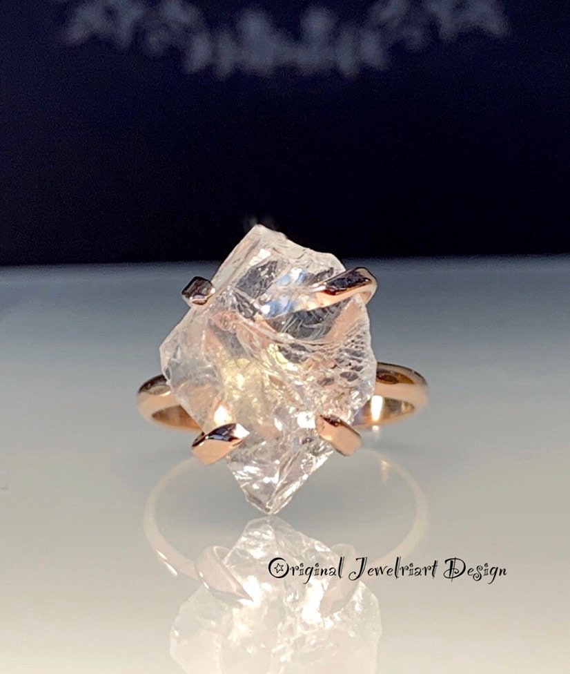Raw Rose Gold Herkimer Diamond Ring/Gorgeous Rough Uncut Herkimer Diamond Rose Gold Ring./ Healing Crystal Ring/Free US Shipping.