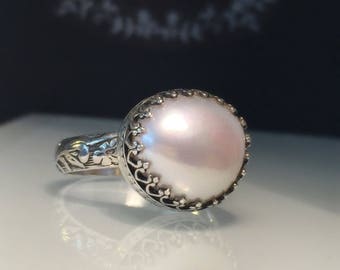 Pearl Ring/Large Pearl Ring/Artisan Pearl Ring/Pearl Silver Crown Ring./Natural Pearl Ring/June Birthstone/ Free US Ship.