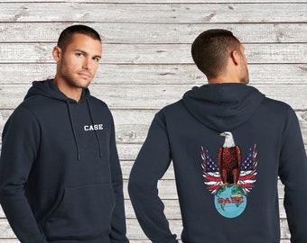 Sudadera con capucha personalizada con logotipo en la parte delantera y trasera, diseño de tractor JI Case Old Abe con bandera estadounidense y licencia completa.