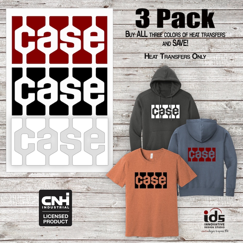 May include: A 3-pack of heat transfers with the word "case" in red, black, and white. The image also shows a gray hoodie, a blue hoodie, and an orange t-shirt, each with the "case" design. The text reads "3 Pack" and "Heat Transfers Only."