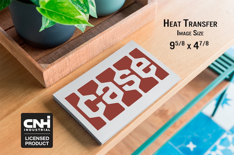 May include: A rectangular heat transfer with the word "CASE" in white, set against a red background. The image size is 9 5/8 x 4 7/8 inches. A CNH Industrial licensed product logo is in the lower left corner.