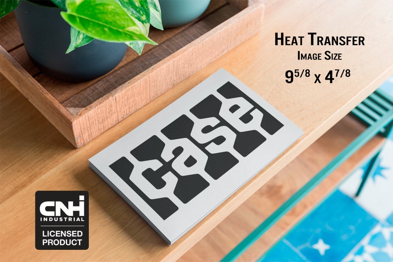 May include: A rectangular heat transfer with the word "CASE" in a bold, black, geometric design. The image size is 9 5/8 x 4 7/8 inches. The CNH Industrial licensed product logo is in the lower left corner.