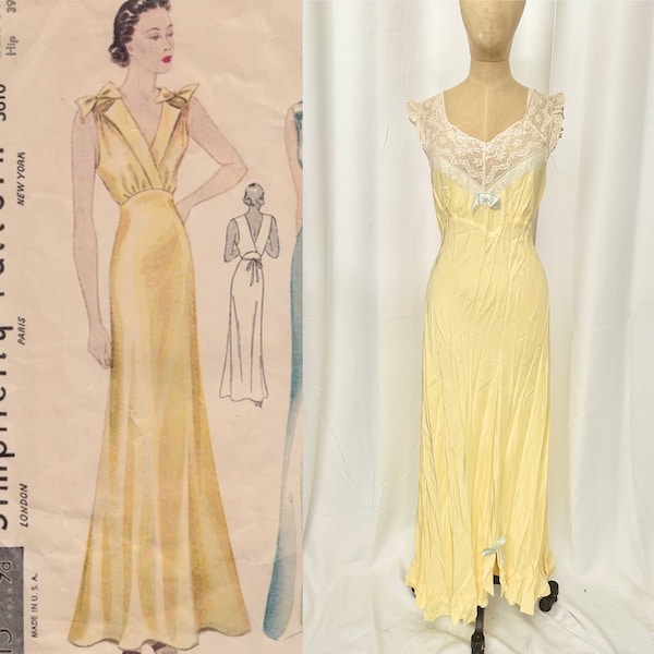 Vintage 1930's Yellow Lace Silk Satin Slip Dress Lingerie Loungewear Bias Cut