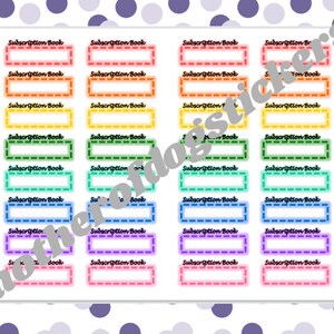 Puede incluir: Una hoja de pegatinas coloridas con el texto "Subscription Book" en negro. Las pegatinas son de un arcoíris de colores, incluyendo rojo, naranja, amarillo, verde, azul, morado y rosa. Cada pegatina tiene un borde discontinuo.
