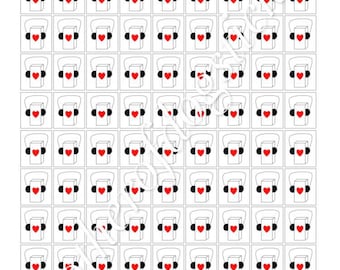 May include: A sheet of 64 white stickers with a black outline and a red heart inside. Each sticker has a handle on the top.