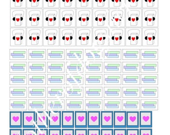 May include: A sheet of stickers featuring various designs. The top section has white boxes with headphones and a red heart. The middle section has stacks of books in blue, green, and purple. The bottom section has blue-framed squares with pink hearts.