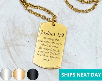 Custom Bible Verse Men's Necklace 14k Gold Plated Stainless Steel Faith Dog Tag Necklace Handmade Jewelry Made in USA