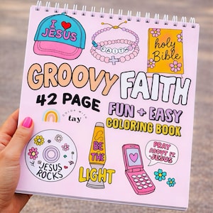 May include: A pink spiral-bound coloring book with the words "GROOVY FAITH" and "FUN + EASY COLORING BOOK". The cover features illustrations of a baseball cap, bracelet, Bible, rainbow, CD, lava lamp, and flip phone. The book has 42 pages.