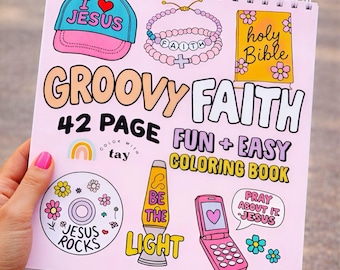 Libro para colorear Groovy Faith con encuadernación en espiral: 42 páginas de diseños cristianos retro.