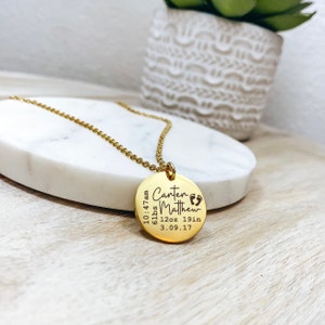 Custom Birth Stats Necklace 14k Gold Plated Stainless Steel Birth Announcement New Mom Necklace Handmade Jewelry Personalized Made in USA image 6