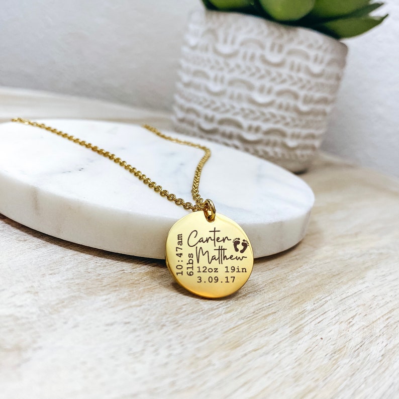 Custom Birth Stats Necklace 14k Gold Plated Stainless Steel Birth Announcement New Mom Necklace Handmade Jewelry Personalized Made in USA image 6