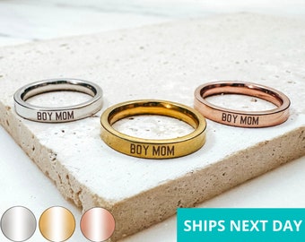 Boy Mom Dainty Engraved Ring 14k Gold Plated Stainless Steel Mom Stackable Ring Handmade Jewelry Made in USA