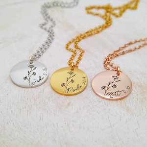Custom Bible Verse Necklace 14k Gold Necklace Birth Flower Necklace Christian Jewelry Personalized Jewelry Dainty Necklace Engraved Necklace