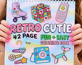 Libro para colorear Retro Cutie con encuadernación en espiral: 42 páginas de juguetes y moda nostálgica.