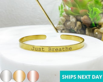 Just Breathe Cuff Bracelet  14k Gold Plated Stainless Steel  Inspirational Bracelet  Handmade Jewelry  Made in USA