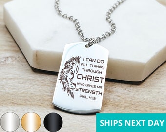 I Can Do All Things Through Christ Men's Necklace 14k Gold Plated Stainless Steel Faith Dog Tag Necklace Handmade Jewelry Made in USA