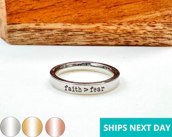 Faith Over Fear Dainty Engraved Ring 14k Gold Plated Stainless Steel Faith Stackable Ring Handmade Jewelry Made in USA
