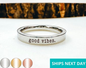 Good Vibes Dainty Engraved Ring 14k Gold Plated Stainless Steel Inspirational Stackable Ring Handmade Jewelry Made in USA