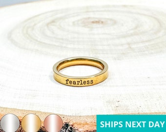 Fearless Dainty Engraved Ring 14k Gold Plated Stainless Steel Inspirational Stackable Ring Handmade Jewelry Made in USA