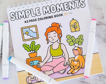 Libro da colorare Simple Moments con rilegatura a spirale: 42 pagine di attività quotidiane per bambine. Carta resistente alle sbavature. Pennarelli a base alcolica.