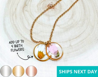 Combined Real Birth Flower Necklace 14k Gold Plated Stainless Steel Pressed Flower Necklace Handmade Jewelry Made in USA