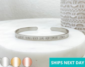 Great Things Never Cuff Bracelet  14k Gold Plated Stainless Steel  Inspirational Bracelet  Handmade Jewelry  Made in USA