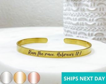 Run The Race Hebrews 12:1 Cuff Bracelet  14k Gold Plated Stainless Steel  Faith Bracelet  Handmade Jewelry  Made in USA