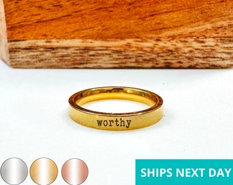 Worthy Dainty Engraved Ring 14k Gold Plated Stainless Steel Inspirational Stackable Ring Handmade Jewelry Made in USA