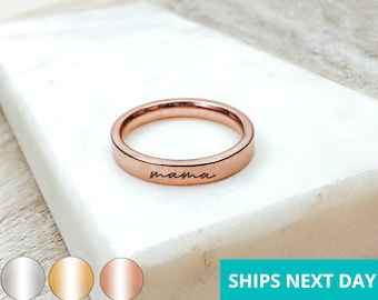 Mama Dainty Engraved Ring 14k Gold Plated Stainless Steel Mom Stackable Ring Handmade Jewelry Made in USA