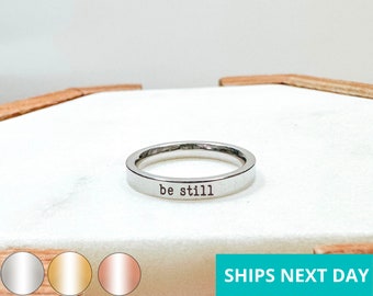 Be Still Dainty Engraved Ring 14k Gold Plated Stainless Steel Faith Stackable Ring Handmade Jewelry Made in USA