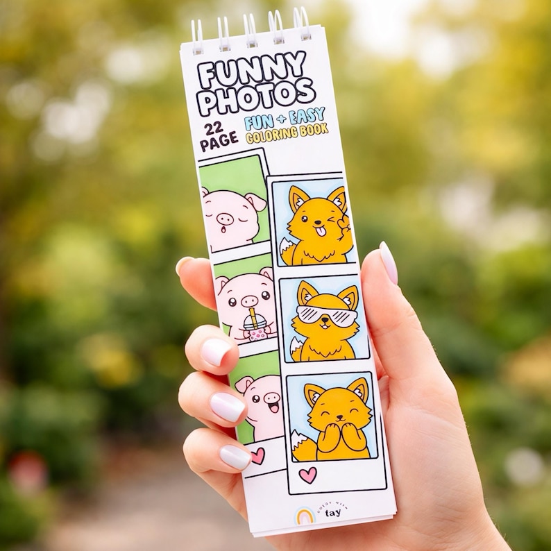 May include: A spiral-bound coloring book titled FUNNY PHOTOS 22 PAGE FUN + EASY COLORING BOOK. The cover features vertical photo strips with cartoon illustrations of a pink pig and an orange fox in various poses, including wearing sunglasses.