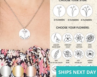 Combined Birth Flower Necklace  14k Gold Plated Stainless Steel  Flower Necklace  Handmade Jewelry  Made in USA