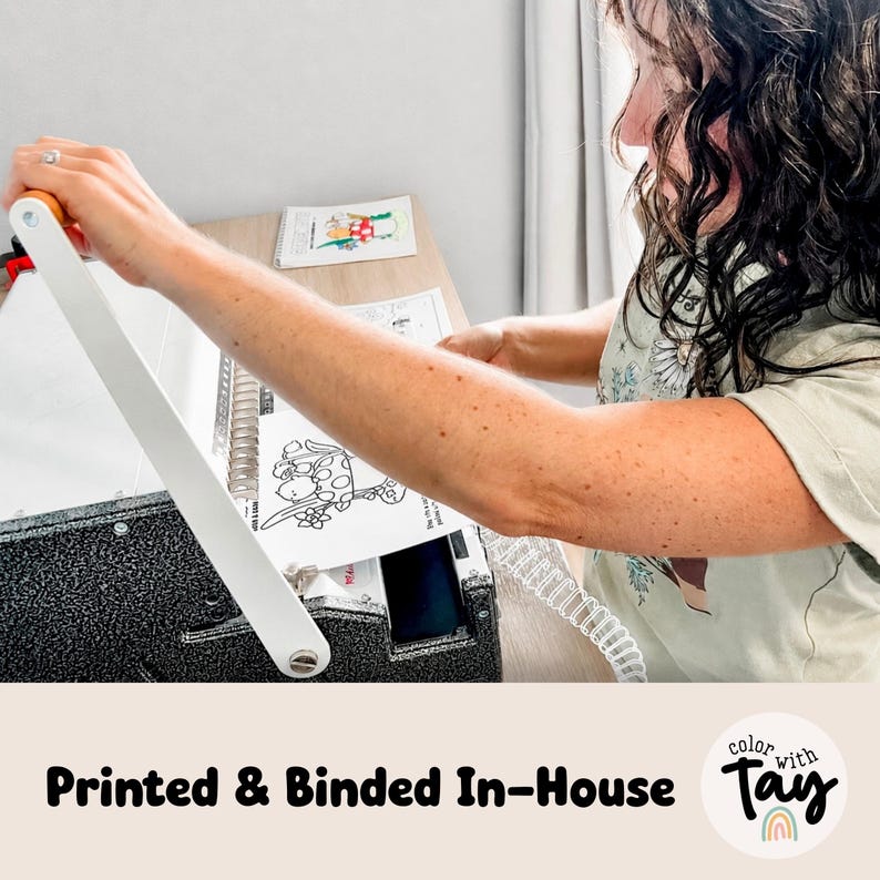 May include: A black and white spiral binding machine with a long white handle being used to bind a document with a printed illustration. The text Printed & Binded In-House and a logo with the text color with Tay are visible at the bottom.
