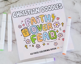 Libro da colorare con rilegatura a spirale "Christian Doodles": 42 pagine di versetti biblici e simpatici disegni. Carta resistente alle sbavature. Pennarelli a base alcolica.