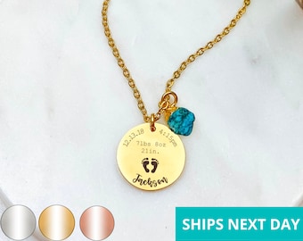 Personalized Birth Stats Necklace 14k Gold Plated Stainless Steel Raw Birthstone Necklace Handmade Jewelry Made in USA