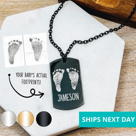 Custom Baby Footprint Men s Necklace 14k Gold Plated Stainless Steel Actual Footprint Dog Tag Necklace Handmade Jewelry Made in USA Etsy