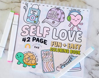 Libro da colorare con rilegatura a spirale "Amore per se stessi": 42 pagine di citazioni motivazionali per la salute mentale, carta resistente alle sbavature, pennarelli a base alcolica.