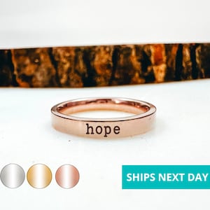 Hope Dainty Engraved Ring 14k Gold Plated Stainless Steel Inspirational Stackable Ring Handmade Jewelry Made in USA