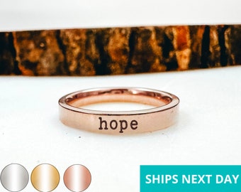 Hope Dainty Engraved Ring 14k Gold Plated Stainless Steel Inspirational Stackable Ring Handmade Jewelry Made in USA