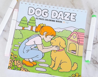 Libro da colorare con rilegatura a spirale Dog Daze: 42 pagine con adorabili avventure quotidiane di cuccioli. Carta resistente alle sbavature. Pennarelli a base alcolica.