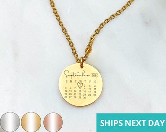 Custom Calendar Necklace 14k Gold Plated Stainless Steel Wedding Birth Date Necklace Handmade Jewelry Personalized Made in USA