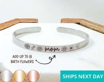 Combined Family Birth Flower Cuff Bracelet 14k Gold Plated Stainless Steel Birth Flower Bracelet Handmade Jewelry Made in USA